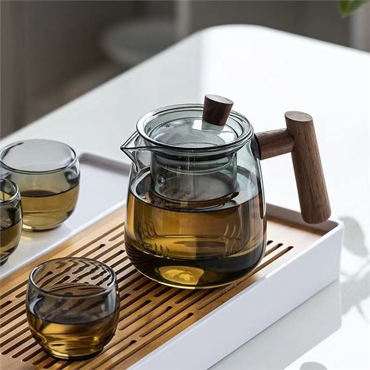 ست قوری شیشه ای دسته چوب جامد